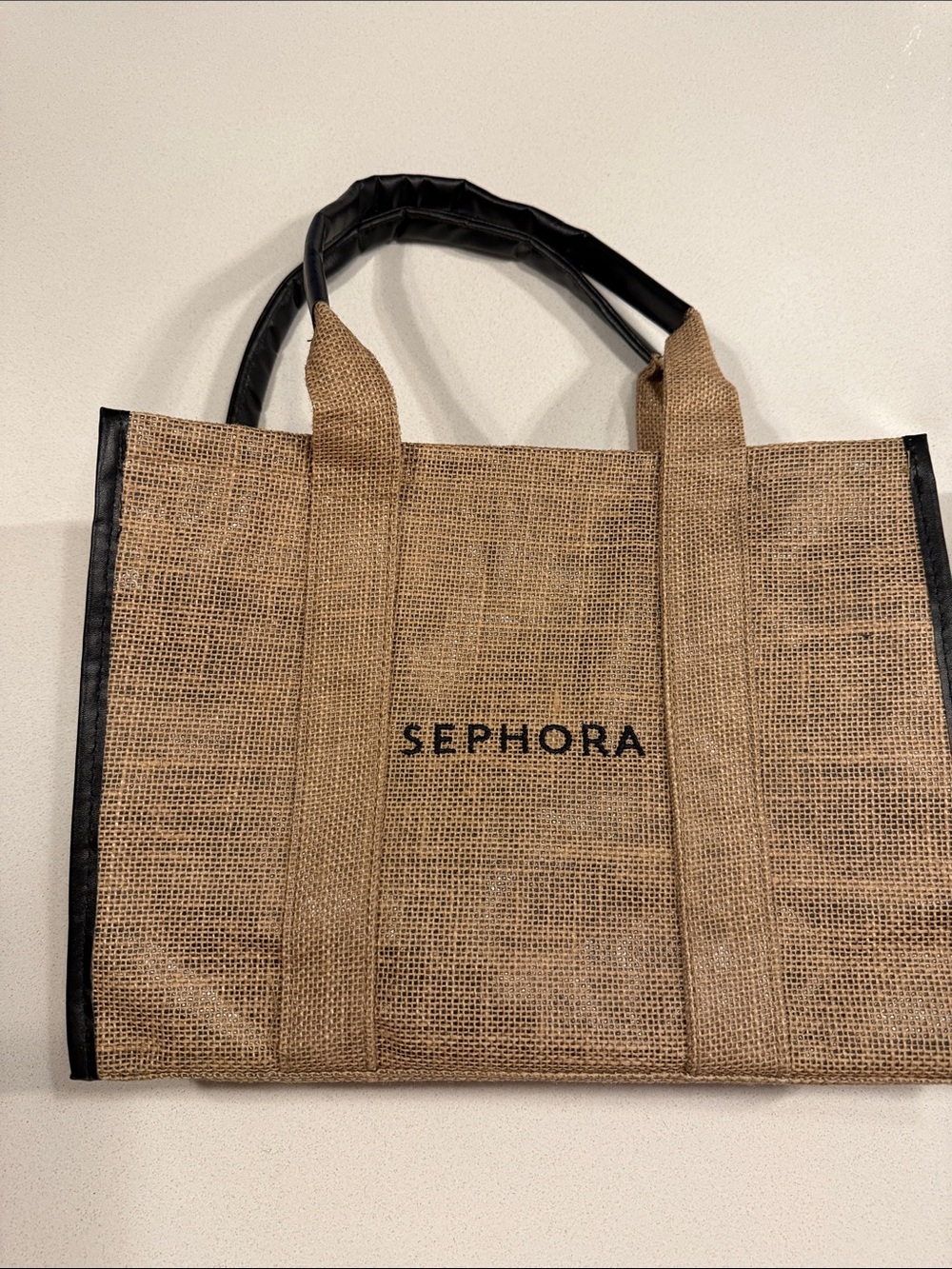 Sephora Natural Burlap Tote with Black Trim and Handles